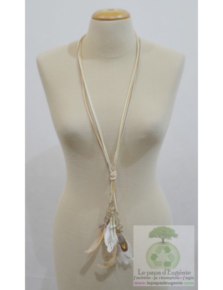 Inconnu - collier mixte metal-cuir - Dame - beige - taille unique